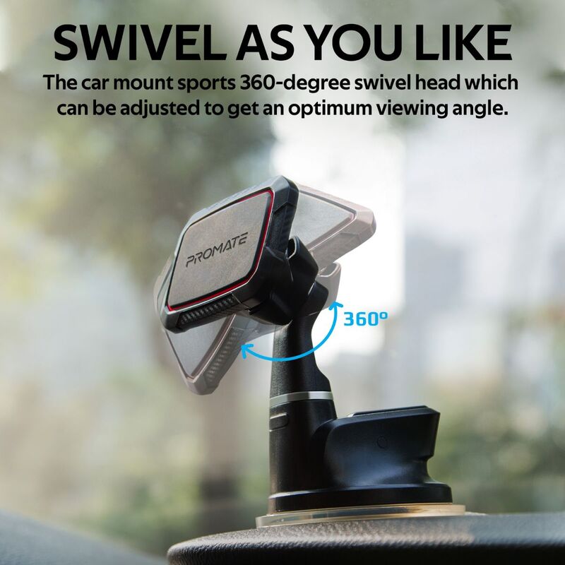 Promate MagMount Magnetic Car Phone Mount, Universal Windshield Magnetic Suction Cup Mount with 6 Neodymium Magnets, Anti-Slip Grip and 360 Rotation View, Maroon