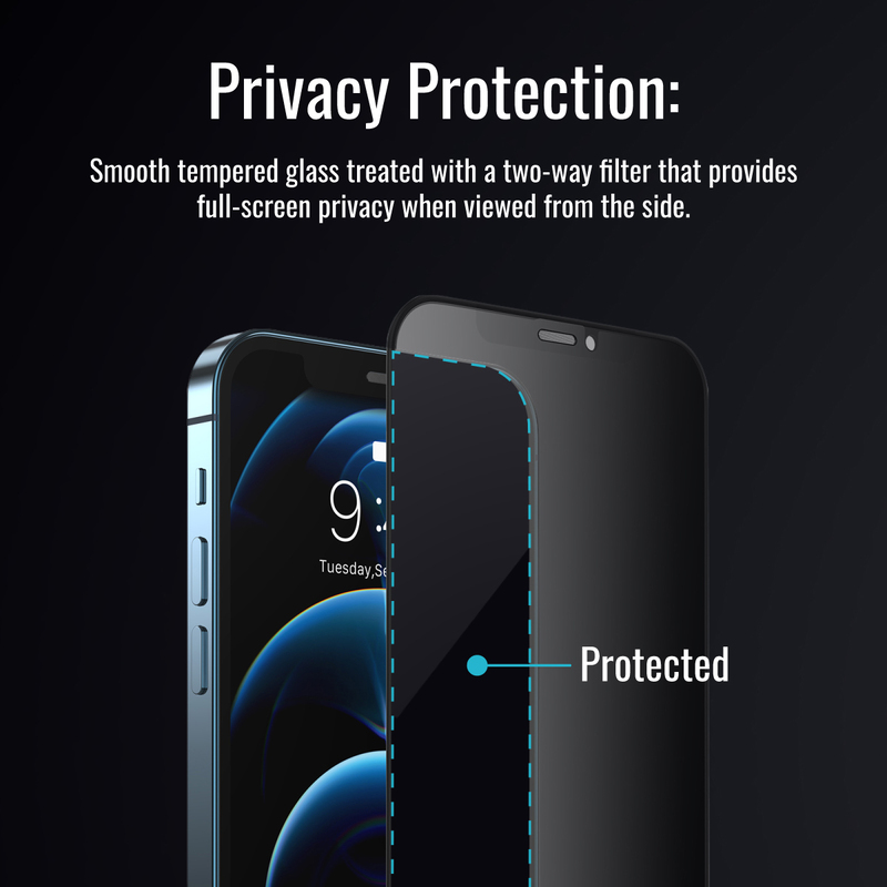 Promate Apple iPhone 13 WatchDog Matte Anti-Spy 3D Tempered Glass Privacy Screen Protector, with Silicone Bumper, 9H Hardness, Anti-Fingerprint and Shatter Protection, Black