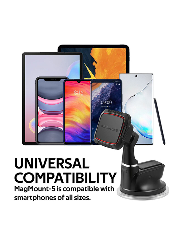 Promate MagMount Magnetic Car Phone Mount, Universal Windshield Magnetic Suction Cup Mount with 6 Neodymium Magnets, Anti-Slip Grip and 360 Rotation View, Maroon