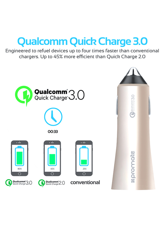 Promate Robust-QC3 Car Charger, Heavy-Duty Qualcomm Quick Charger 3.0 Dual USB Port Car Charger with Short Circuit and Over Charging Protection for GPS, iPod, Mobile Phones and Tablets, Gold