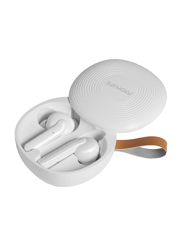 Promate Charisma True Wireless In-Ear Earbuds, Bluetooth 5.0, Stylish TWS Stereo with Touch Control, Charging Case, Anti-Drop Ear Hooks, 24H Playtime and Built-In Mic, White