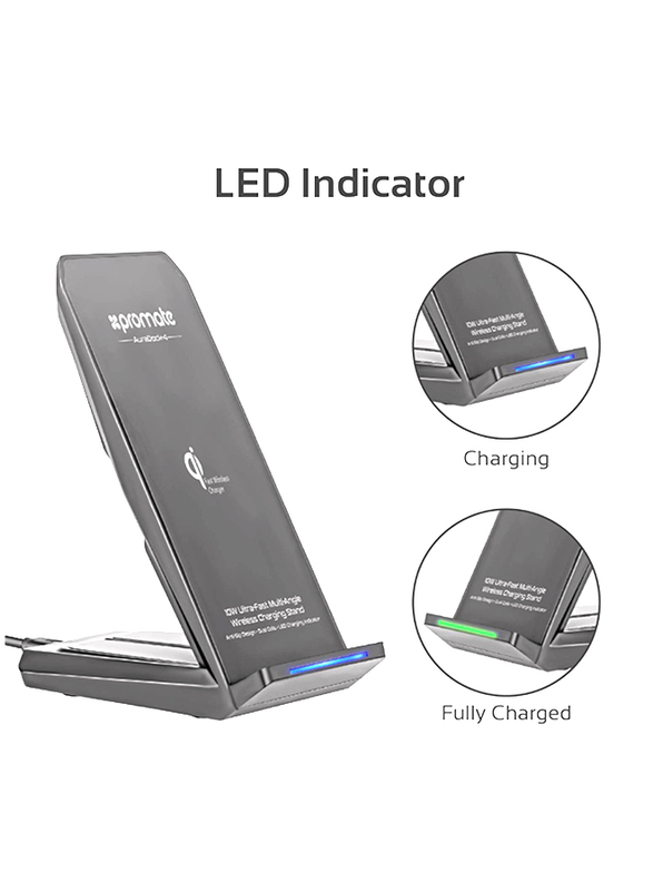Promate Auradock-4 Qi Wireless Charger, 10W 2-In-1 Wireless Adaptive Fast Charging with Dual Coil, Multi-Angle Charging Stand, Anti-Slip Base and Over Current Protection for Mobile Phones, Black