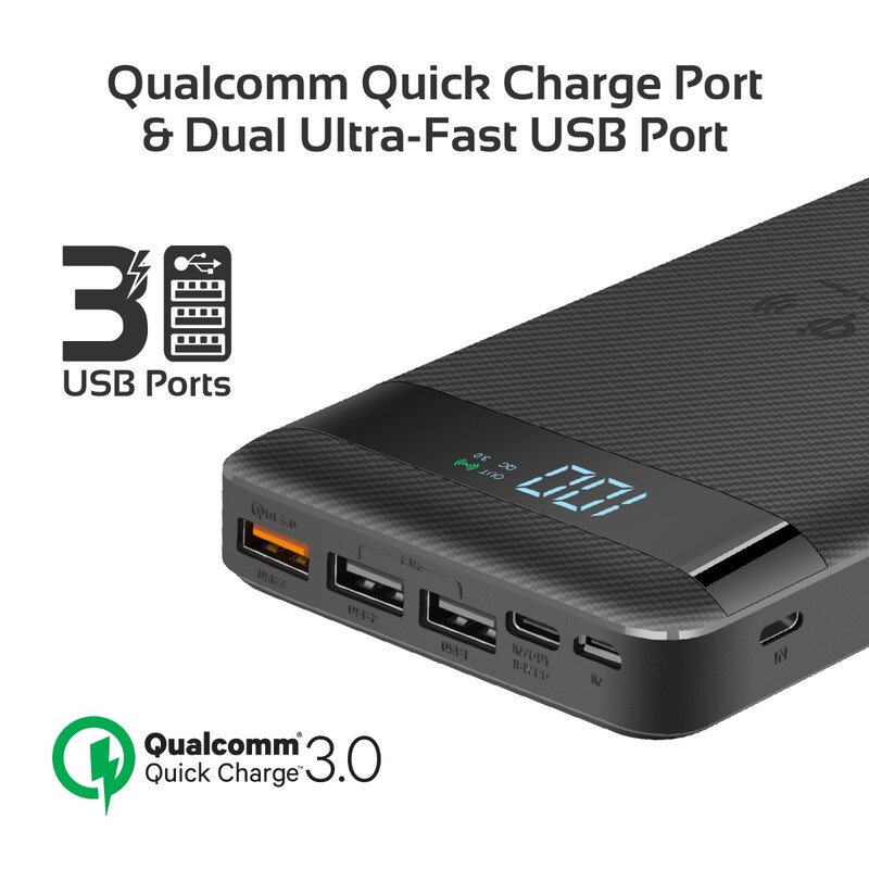 Promate 20000mAh AuraTank-20 USB-C Qi Powerbank, 10W Fast Wireless Charger, 18W 2-Way Type-C Power Delivery, QC 3.0 Three USB Port, LED Display&Lightning, Micro USB Input for Qi & USB Devices, Black