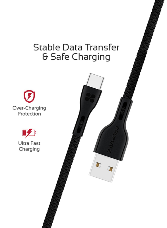 Promate 1.2-Meter PowerBeam-C USB Cable, Durable 2A Ultra-Fast USB-A Male to USB-C, High-Speed Data Transfer, Over-Charging Protection, Over-Charging Protection for Type-C Enabled Devices, Black