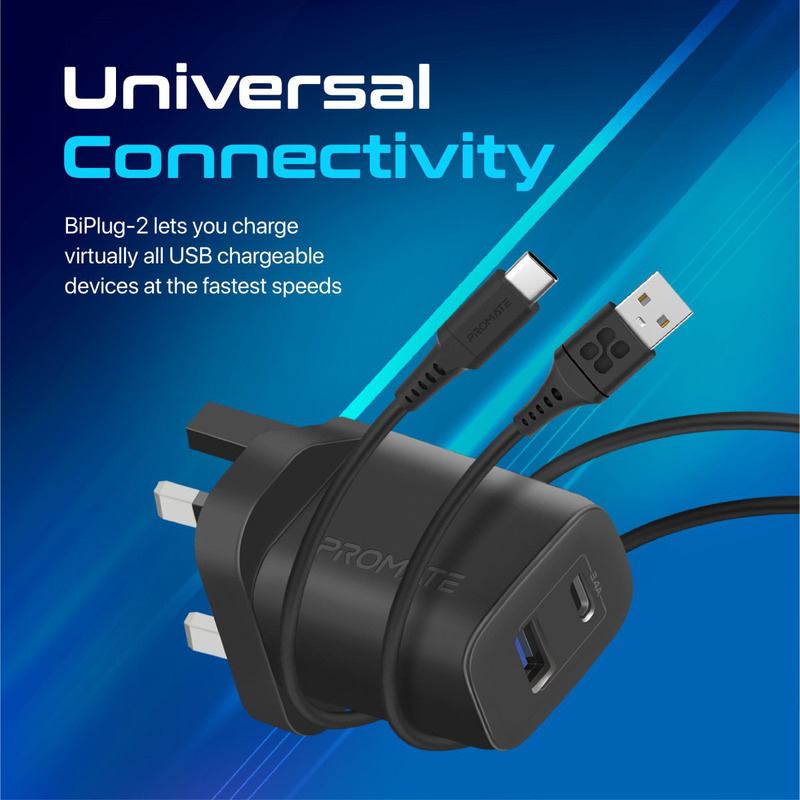 Promate USB-C UK Wall Adapter, Universal 17W Multi-Port Charger with 5V/3A Type-CPort, 5V/2.4A USB-A Port, BiPlug-2 UK, Black