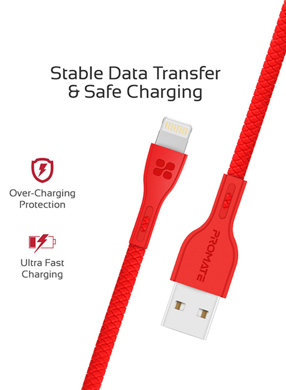 Promate 1.2-Meter PowerBeam-I Lightning Cable, Ultra-Strong 2A USB A to Lightning, Ultra-Fast Sync/Charge, Tangle-Free, Over-Charging Protection for Apple iPhone XS/XS Max/XR/iPad/iPod, Red