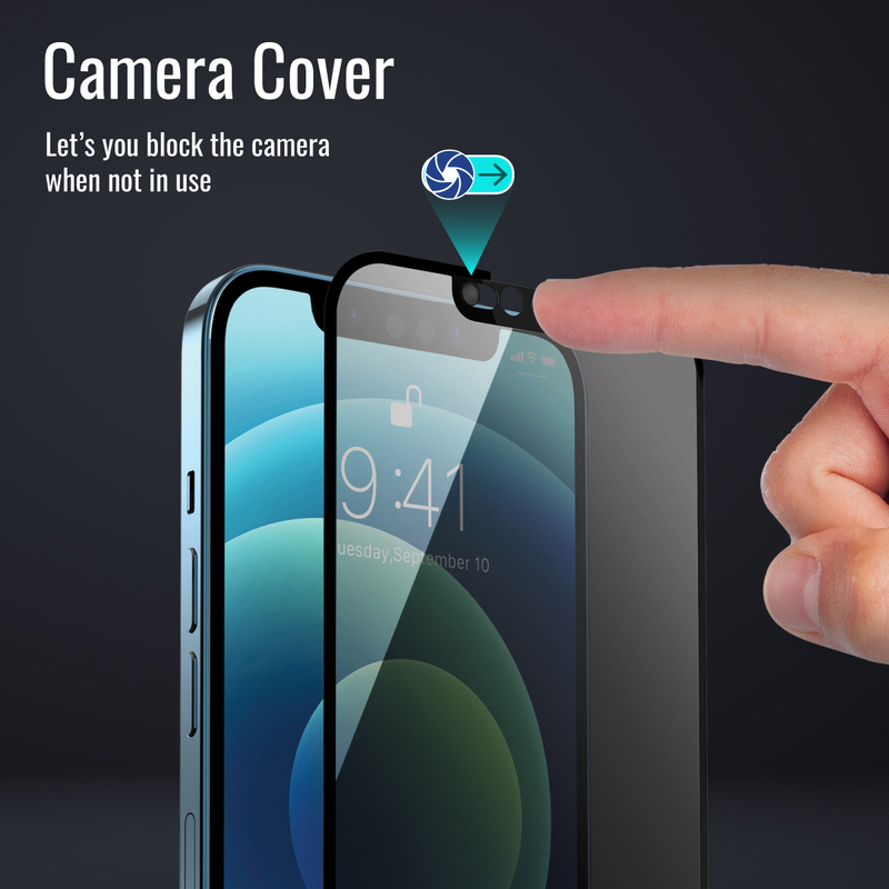 Promate Apple iPhone 13 SpyShield 9H Tempered Glass Matte Privacy Screen Protector, with Slide Camera Protection Cover, Scratch-Resistance, Touch Sensitivity, Shatter Protect, Black