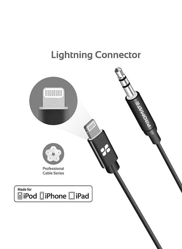 Promate 2-Meter AudioLink-LT2 Lightning AUX Cable, Lightning Male to 3.5mm AUX, Apple MFi Certified, Headphone Jack Adapter Stereo Audio, Digital Analog Converter for Bose/Marshall, Black