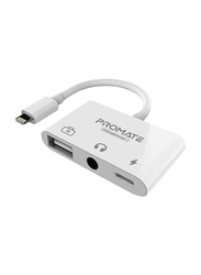Promate MediaBridge-I 3-in-1 Lightning OTG Adapter, Lightning Male to Lightning/USB Female OTG/3.5mm Jack for Apple Devices, White
