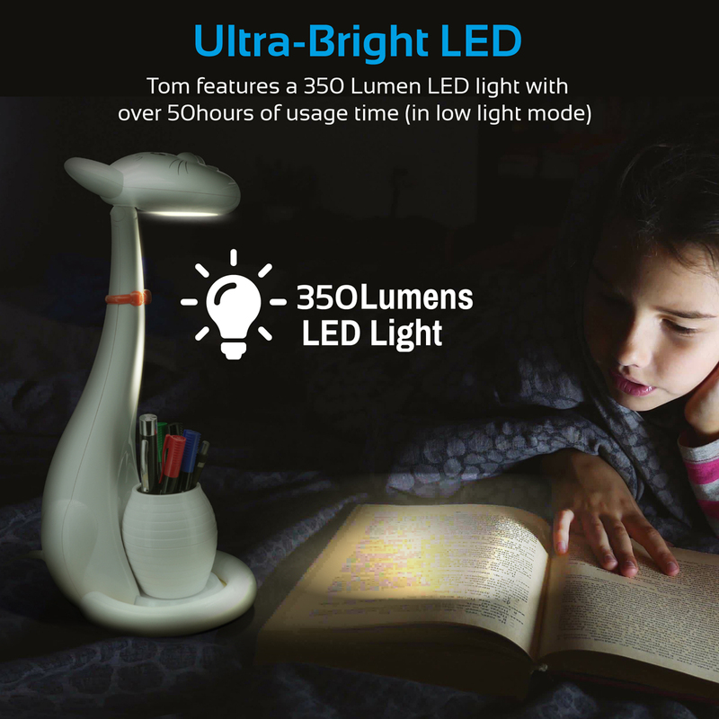 Promate Tom Kids Night Light, Portable Pen-Holder Touch Sensitive LED Night Light, 3 Level Dimmable Reading Light, 3 Colour, 180 Degree Rotatable Neck for Studying/Reading/Table/Home, White