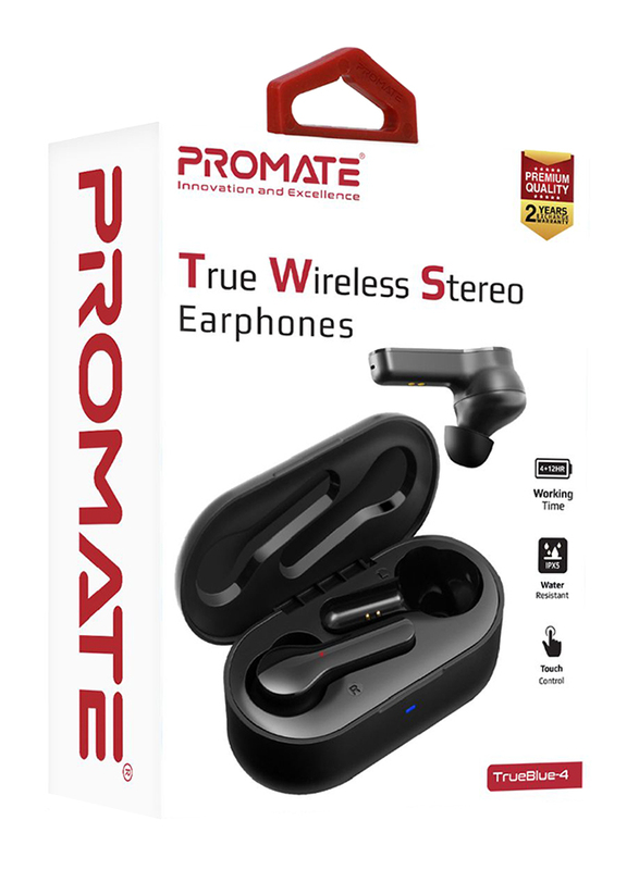Promate TrueBlue 4 Wireless Bluetooth v5.0 In-Ear Noise Cancelling Music Earbuds with 300mAh Charging Case, Water Resistant and Built-In Mic, Black