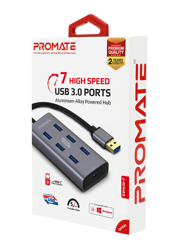 Promate EZHub-7 Port USB 3.0 Hub for MacBook/iMac/Laptop/USB Flash Drive/HDD Hard Drive, Portable Aluminium Alloy Port USB 3.0 Powered Hub with 5Gbps Data Transfer and USB-C Power Adapter, Black