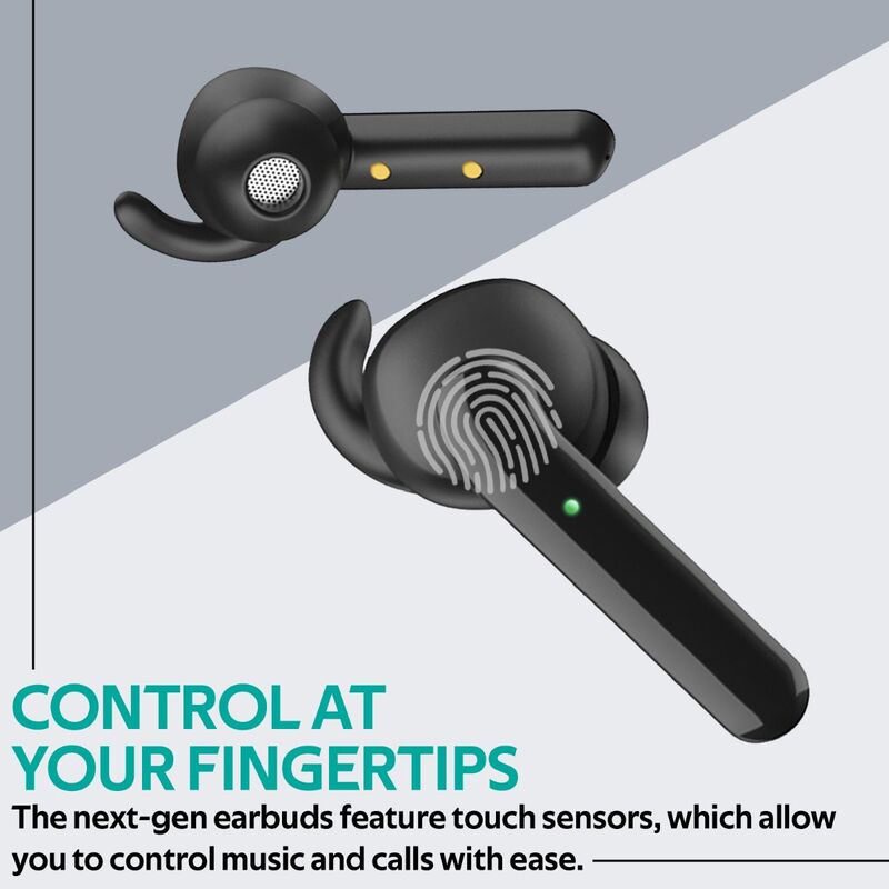 Promate Charisma True Wireless In-Ear Earbuds, Bluetooth 5.0, Stylish TWS Stereo with Touch Control, Charging Case, Anti-Drop Ear Hooks, 24H Playtime and Built-In Mic, Black