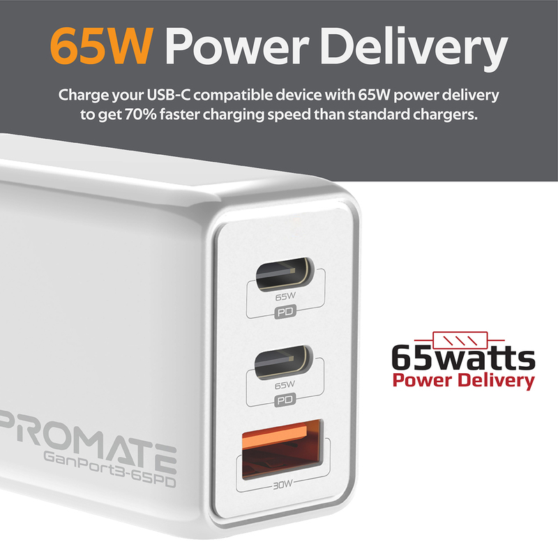 Promate GaNPort3-65PD Dual USB Type-C Fast Charging Wall Adapter with 30W USB-A Charging Port, Over-Charging Protection for MacBook Pro/iPhone 12 Series/iPad Pro/iPad Air, White