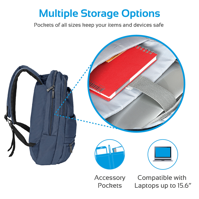 Promate Apollo-BP Laptop Backpack, Slim Lightweight Dual Pocket Water Resistance with Multiple Compartment and Anti-Theft Pocket for 15.6 Inch Laptops, Tablets, Blue