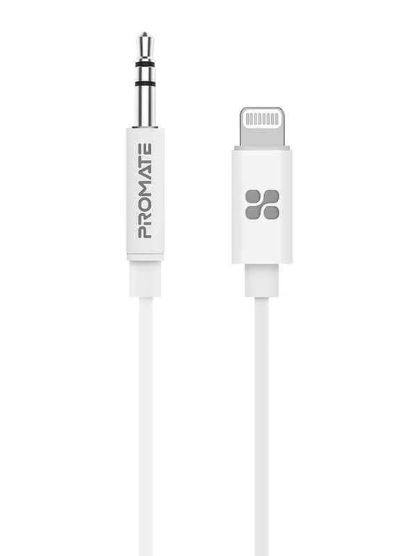 Promate 2-Meter AudioLink-LT2 Lightning AUX Cable, Lightning Male to 3.5mm AUX, Apple MFi Certified, Headphone Jack Adapter Stereo Audio, Digital Analog Converter for Bose/Marshall, White