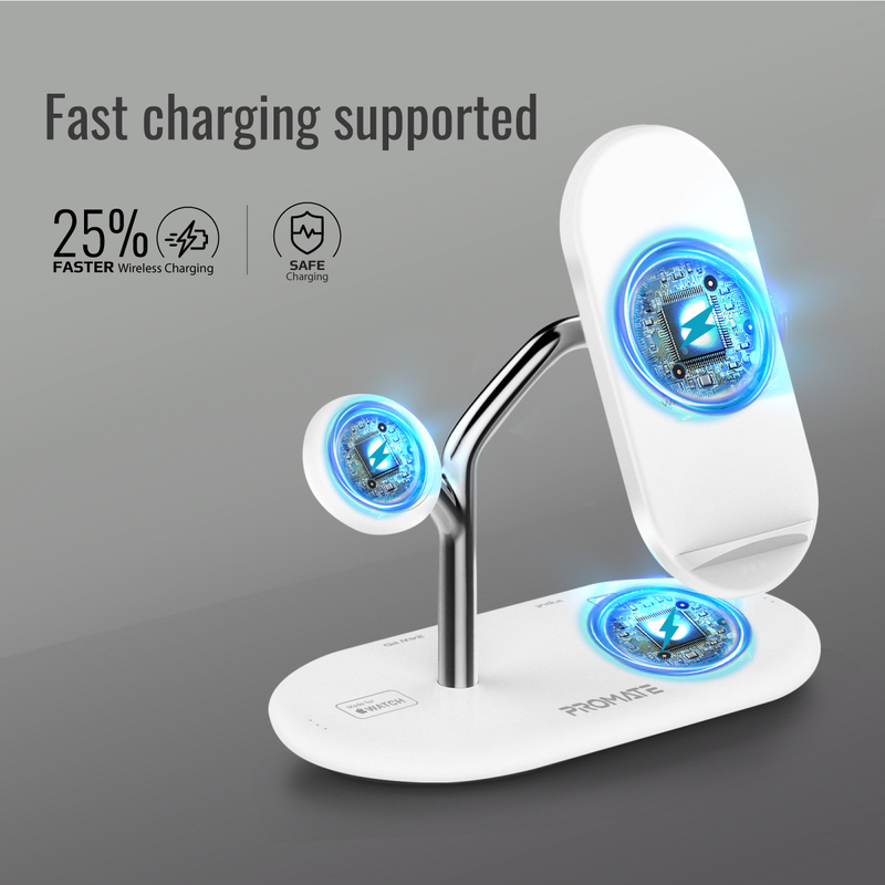 Promate Bonsai 4-in-1 Wireless Charging Station, with 5W Magnetic MFi Apple Watch Charger, 15W Qi Charging Stand, 24W USB-C Power Delivery Port and 5W/10W Qi Charging Pad, Grey