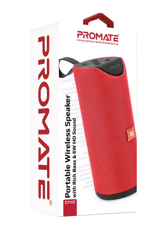 Promate Chill Portable Wireless Bluetooth v5.0 Stereo Speaker with 6W HD Sound, Built-In Mic, Micro SD Card Slot, In-Line AUX and 1200mAh Rechargeable Battery, Maroon