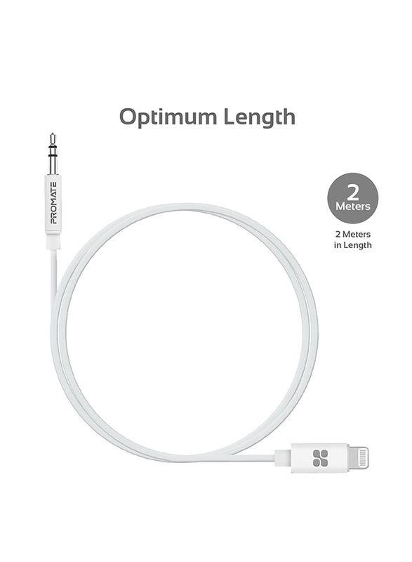 Promate 2-Meter AudioLink-LT2 Lightning AUX Cable, Lightning Male to 3.5mm AUX, Apple MFi Certified, Headphone Jack Adapter Stereo Audio, Digital Analog Converter for Bose/Marshall, White