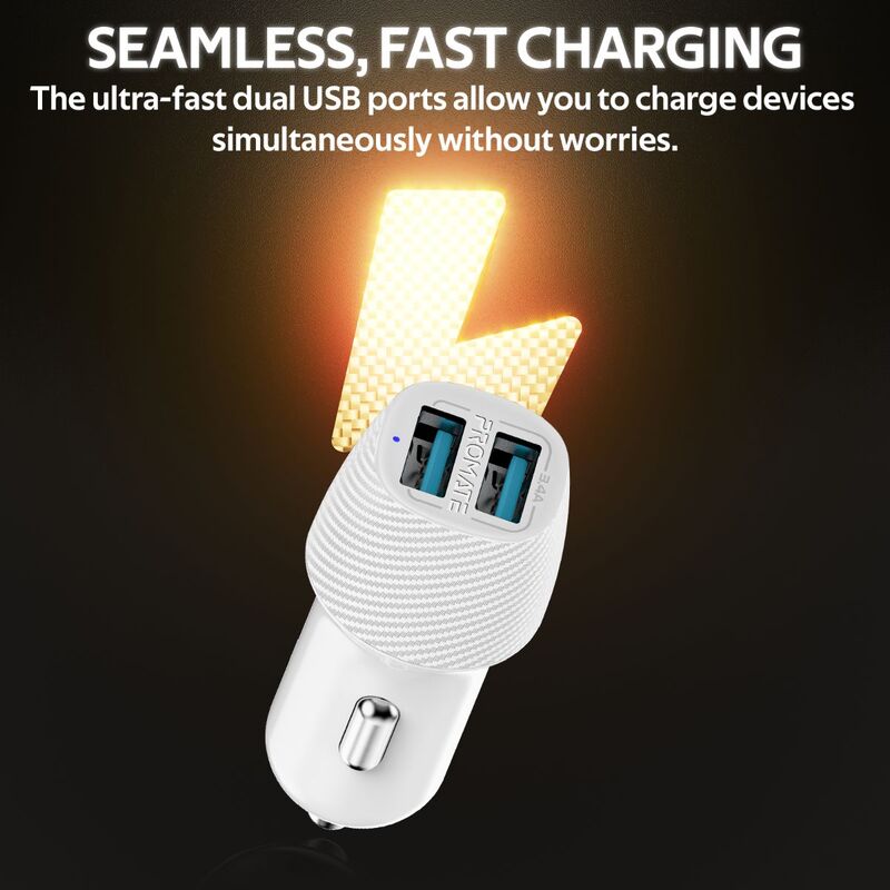Promate VolTrip Duo 3.4A Fast Charging Car Charger, with Smart Output and Short Circuit Protection, White