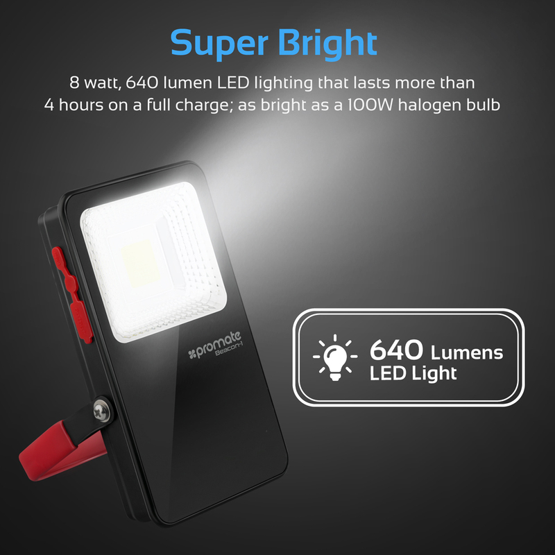 Promate Beacon-1 LED Flood Light, Ultra-Bright Wireless, 5400mAh Rechargeable Power Bank, IP54 Water and Dust Resistance, Foldable Stand for Emergency/Hiking/Camping, Black