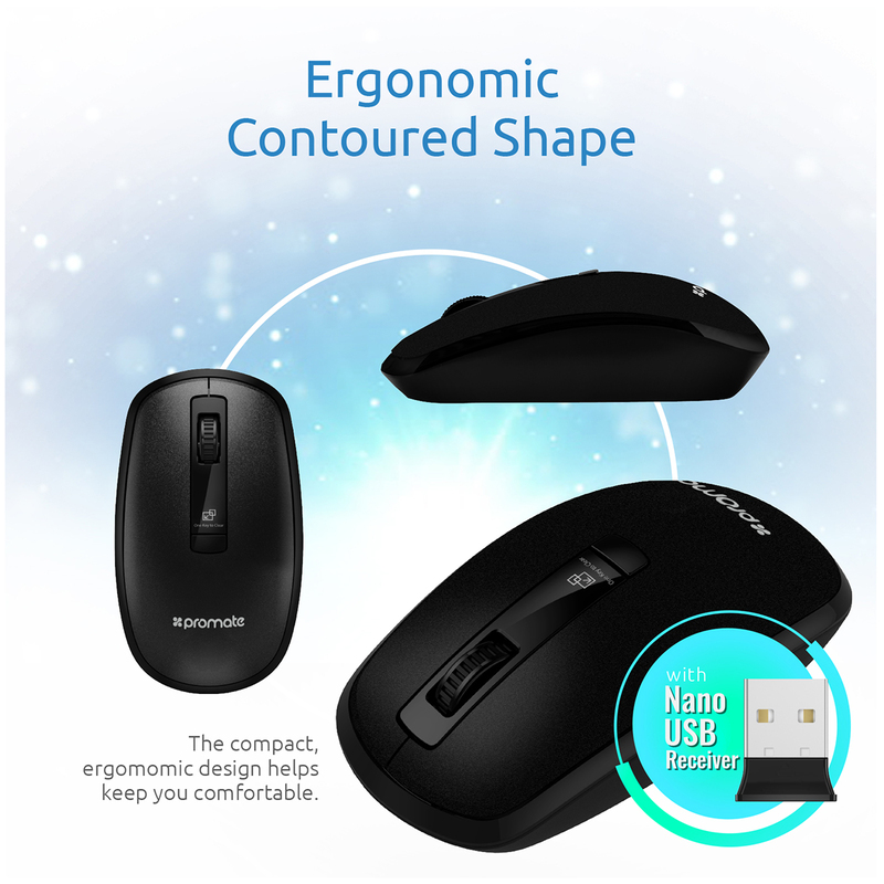 Promate CLIX-3 2.4 Ghz USB Wireless Ergonomic Mouse, Precision Scrolling for Windows Mac, Black