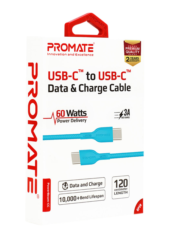 Promate 1.2-Meter PowerBeam-CC USB Type C Cable, Ultra-Fast 3A USB Type-C Male to USB Type-C, with 60W Power Delivery for MacBook Pro/Google Pixel XL/Nexus 5X/6P, Blue