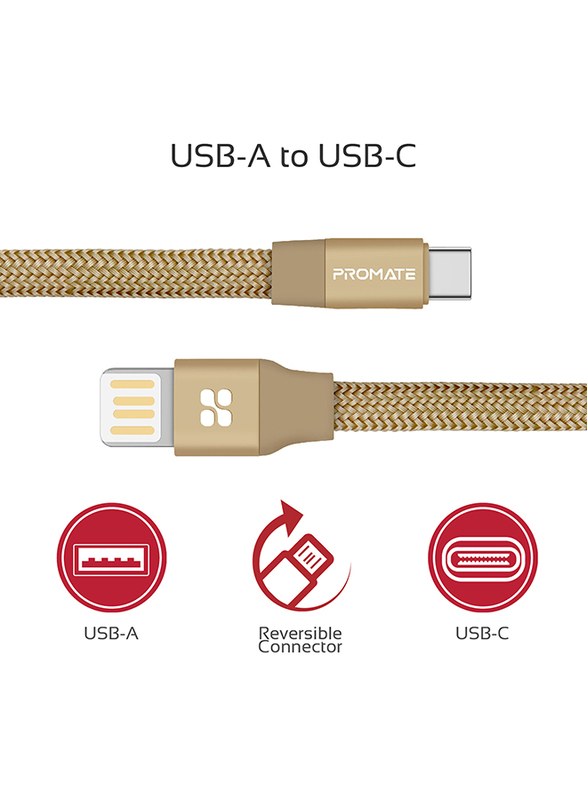 Promate 1.2-Meter Coiline-C Auto-Coiling USB-C Cable, 2A Fast Charge/Sync USB-A to Type-C Cable, with Premium Fabric Braided Aluminium Alloy Reversible Cord for All Type-C Smartphones/Tablet, Gold