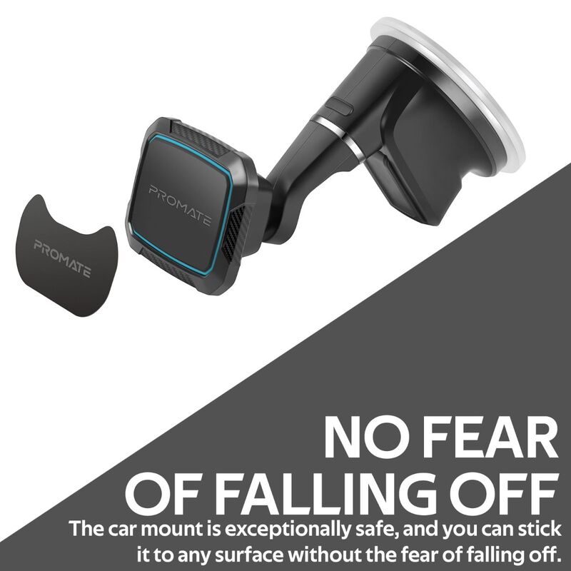 Promate MagMount Magnetic Car Phone Mount, Universal Windshield Magnetic Suction Cup Mount with 6 Neodymium Magnets, Anti-Slip Grip and 360 Rotation View, Blue