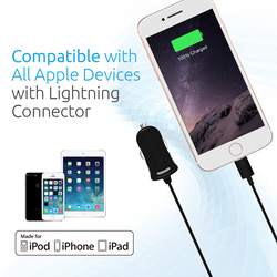 Promate ProChargeLT iPhone Car Charger, 2.1A Ultra Compact Apple MFi Certified with 3 Feet Lightning Connector Cable and Short-Circuit Protection for Apple Devices, Black