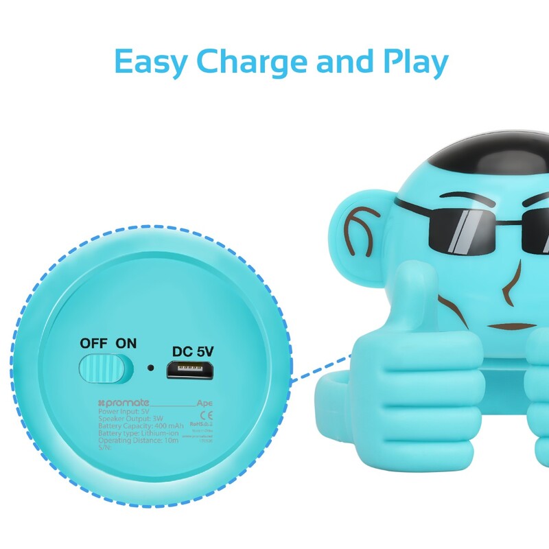 Promate Ape Bluetooth Speaker, Portable Monkey Shape Multifunction Wireless with 3.5mm Audio Jack and Thumbs-up Adjustable Flexible Smartphone Holder, Blue