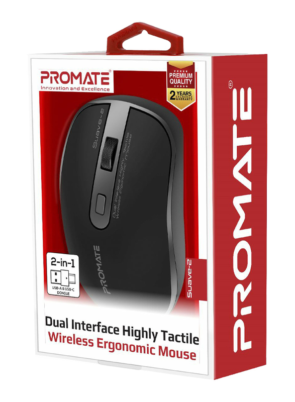 Promate Suave-2 USB Type-C/Type-A Wireless Ergonomic Optical Mouse, Black