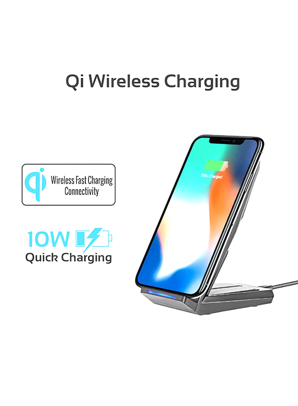 Promate Auradock-4 Qi Wireless Charger, 10W 2-In-1 Wireless Adaptive Fast Charging with Dual Coil, Multi-Angle Charging Stand, Anti-Slip Base and Over Current Protection for Mobile Phones, Black