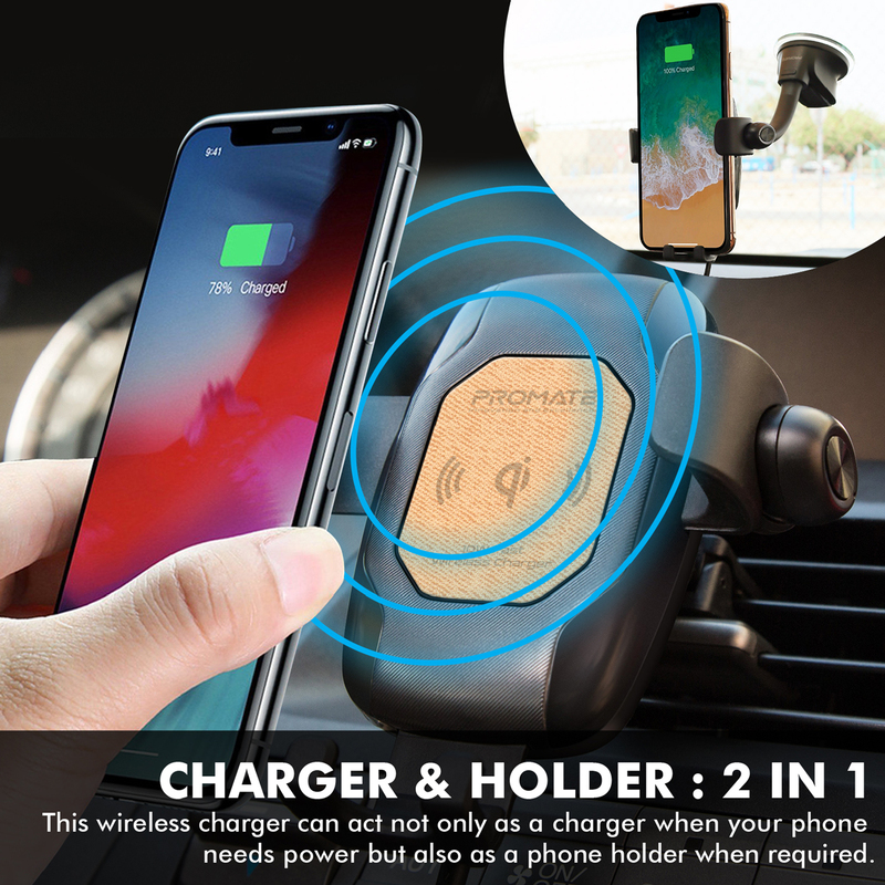 Promate AuraMount-BT Qi-Certified Wireless Car Charger, Auto Clamping 5W/7.5W/10W Fast Charger Car Mount with Wireless Mono Headset, Built-In Mic and 360 Degree Swivel Head, for Mobile Phones, Beige