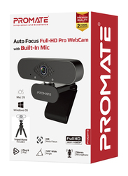 Promate ProCam-2 Premium Auto Focus FHD 1080P Pro USB Webcam with Built-In Noise Reduction Mic, Tripod Stand and 120° Wide Angle for Live Streaming/Video Chat/Online Classes/PC/iMac/Laptop, Black