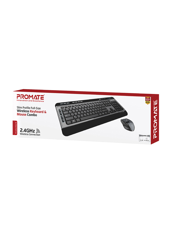 Promate Procombo-9 Wireless English/Arabic Keyboard and Mouse, 2.4GHz Keyboard and Quite 1600 DPI Mouse, Nano USB Receiver for PC/Desktop/Computer/Notebook/Laptop, Black