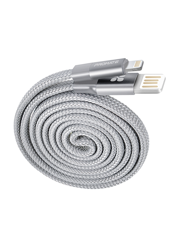 Promate 1.2-Meter Coiline-I Auto-Rolling Lightning Cable, Reversible USB-A Male to Lighting Cable, Durable Aluminium Alloy Auto-Rolling, 2A Fast Charge/Sync for All Apple Devices, Grey
