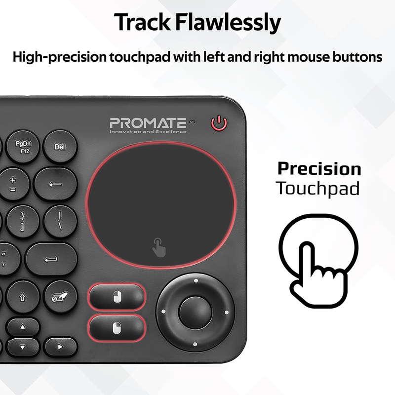 Promate KeyPad-1 All-In-One 2.4Ghz Wireless/Bluetooth v5.0 Multimedia English Keyboard with Built-In Touchpad Mouse, Precision Tracking, Multi-Device Pairing and IR TV Remote Controller, Black