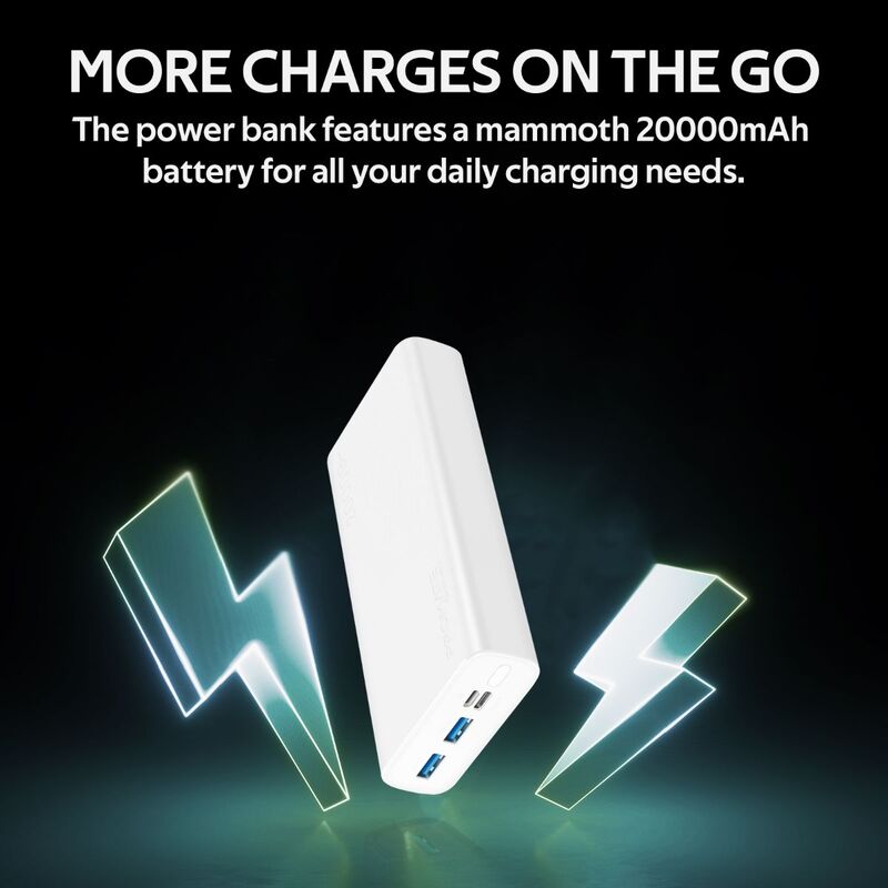 Promate 20000mAh Bolt-20 Fast Charging Portable Power Bank, with 2A Dual USB Port, Over-Charging Protection and USB-C, Micro USB Input Port, White