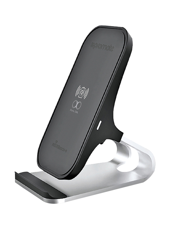Promate AuraDock-6 Qi Wireless Charging, Fast 15W Wireless Charging Pad Stand with Dual Charging Coil, QC 3.0 Wall Charger, USB-C Sync Charge Cable and Multiple Charging Area, for Mobile Phones, Grey