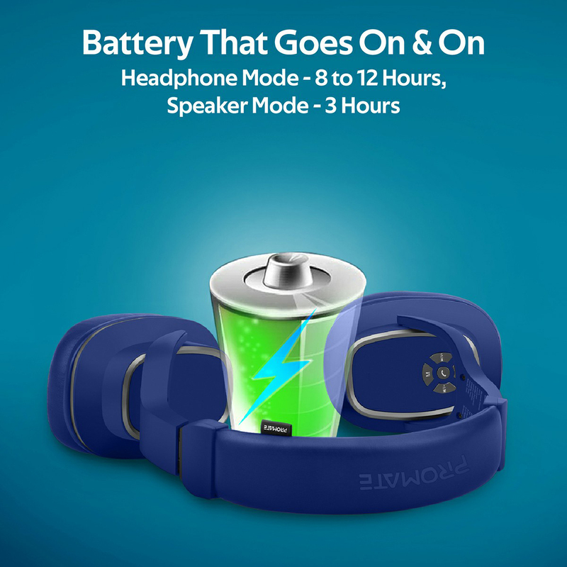 Promate Corvin Wireless 2-in-1 High Definition Over-Ear Headphones with Built-in Mic and 6W Speaker, MicroSD Card Slot, Blue