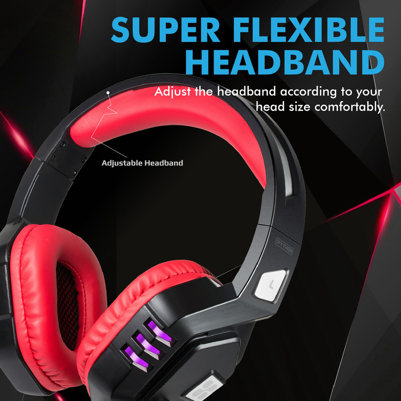 Promate Python Over-Ear Gaming Noise Cancelling Headset, Haptic Feedback with Unidirectional Mic, Soft Memory Earmuffs, Volume Control and LED Light, Red