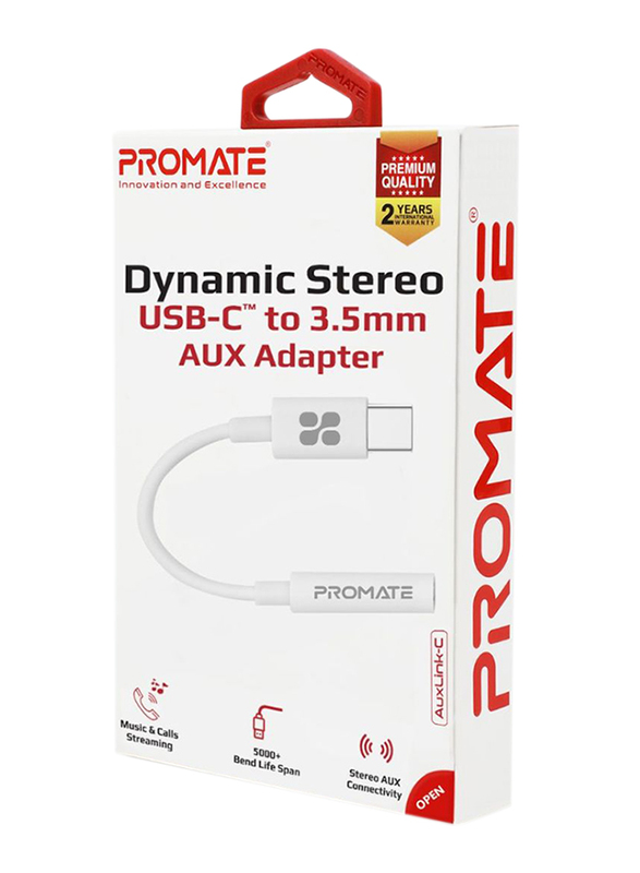 Promate AUXLink-C 3.5mm Audio Jack Adapter, USB Type C Male to 3.5mm Headphone Jack Female, HD Sound Audio Cable for Google Pixel 2, 3, XL/Samsung/Essential/Huawei/Moto/OnePlus/HTC/Xiaomi, White