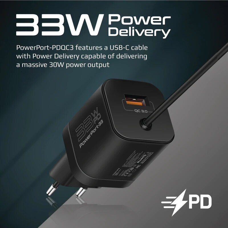 Promate USB-C EU Wall Charger, Premium 33W Adapter with 22.5W Quick Charge 3.0 Port, In-Built 1.5M Type-C Cable, PowerPort-PDQC3 EU, Black