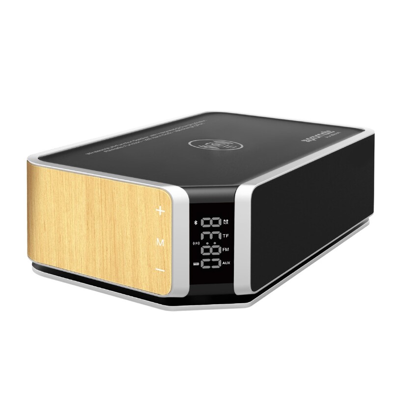 Promate AuraBoom Bluetooth Speaker, Powerful 10W with Qi Wireless Charging Station, TF Card Slot, Audio Jack, Built-In Mic, LED Alarm Clock, Time Display and FM Radio, Beige