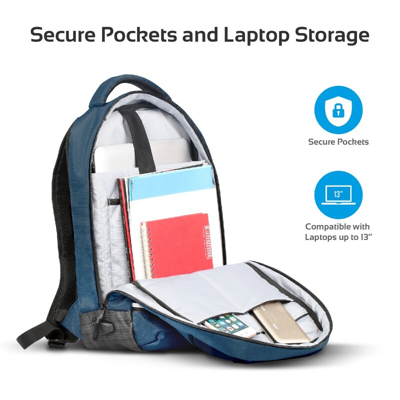 Promate Explorer-BP Travel Laptop Backpack, Anti-Theft Slim Durable for 13 Inch Laptop with Water Resistant, Soft Adjustable Padded Straps, Multiple Storage and USB Charging Port, Blue