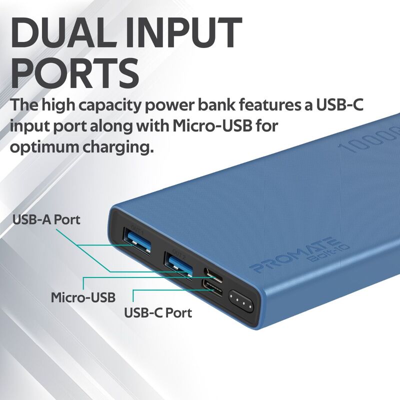Promate 10000mAh Bolt-10 Portable Fast Charging 2.0A Dual USB Premium Battery Power Bank, with Input USB Type-C Port, Over Charging Protection, Blue