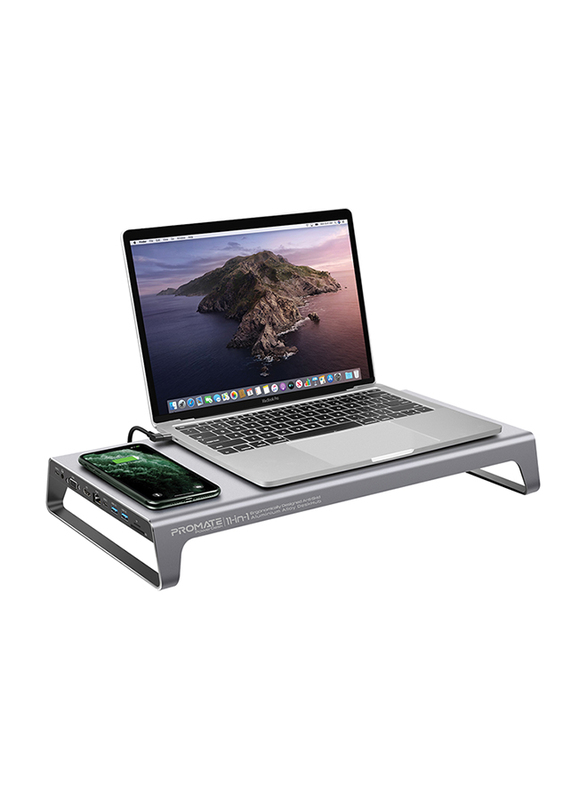 

Promate PowerDesk 11-in-1 DeskHub Stand, Aluminium with 87W Type-C Power Delivery, 10W Qi Wireless Charger, 4K HDMI Port, Ethernet Port, 2 USB 3.0, VG