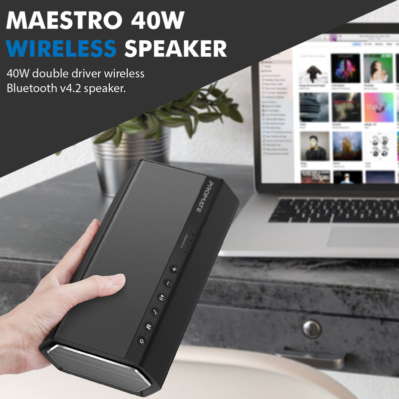 Promate Maestro Portable Wireless Speaker, Premium Stereo Sound 40W Bluetooth with Powerful 20W Subwoofer, Dual Tweeter, 3.5mm Jack, Micro SD Card Slot and Built-In Mic, Black
