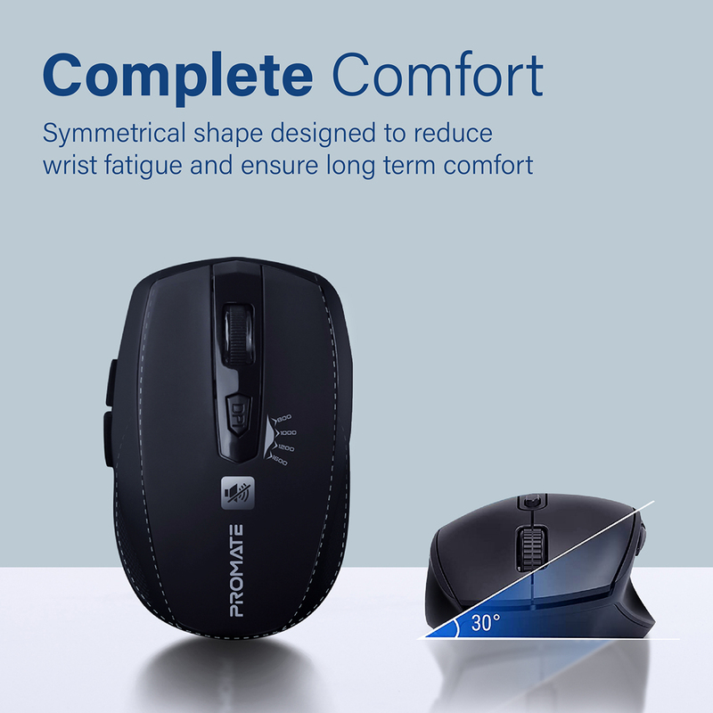 Promate Silent Wireless Optical Mouse with 6 Programmable Buttons, Breeze Black